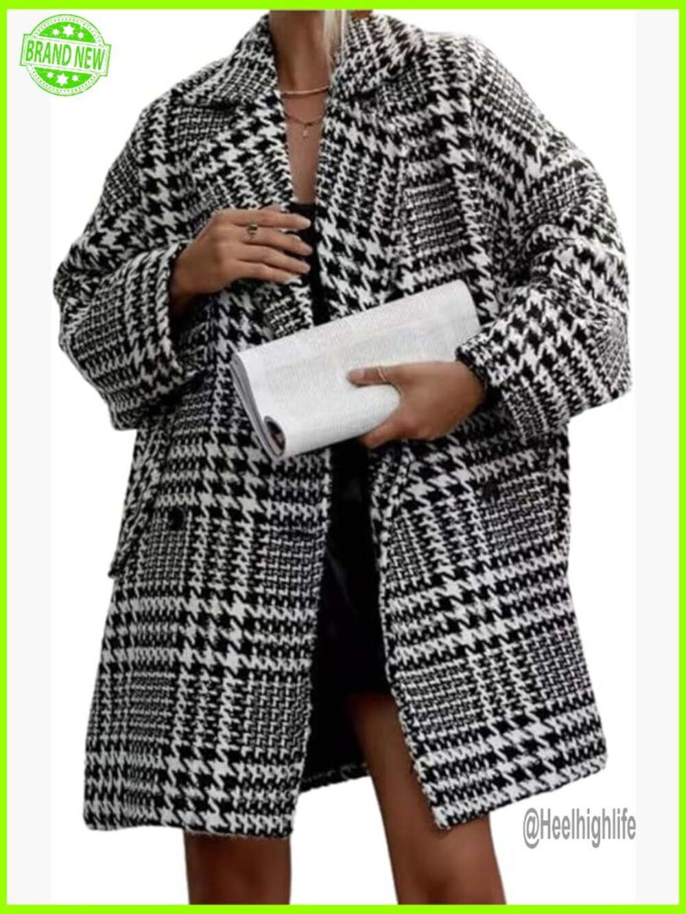 Double Breasted Houndstooth Wool Coat Casual Loose Trench Coat